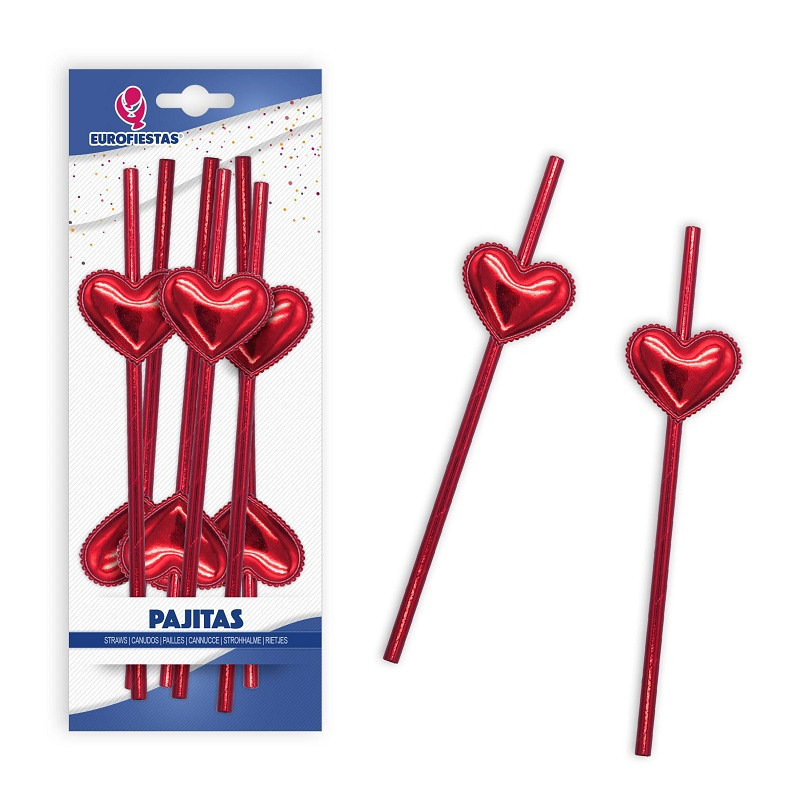 Set 6 Pajitas Corazón Rojo