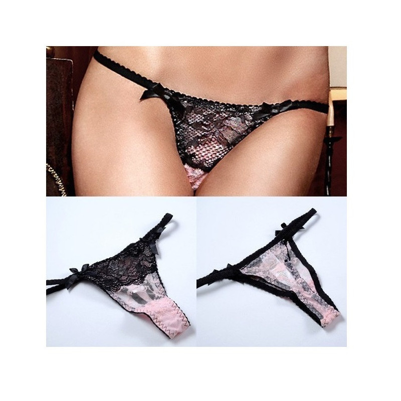 Tanga Baci Negro Encaje y Saten con Lazo