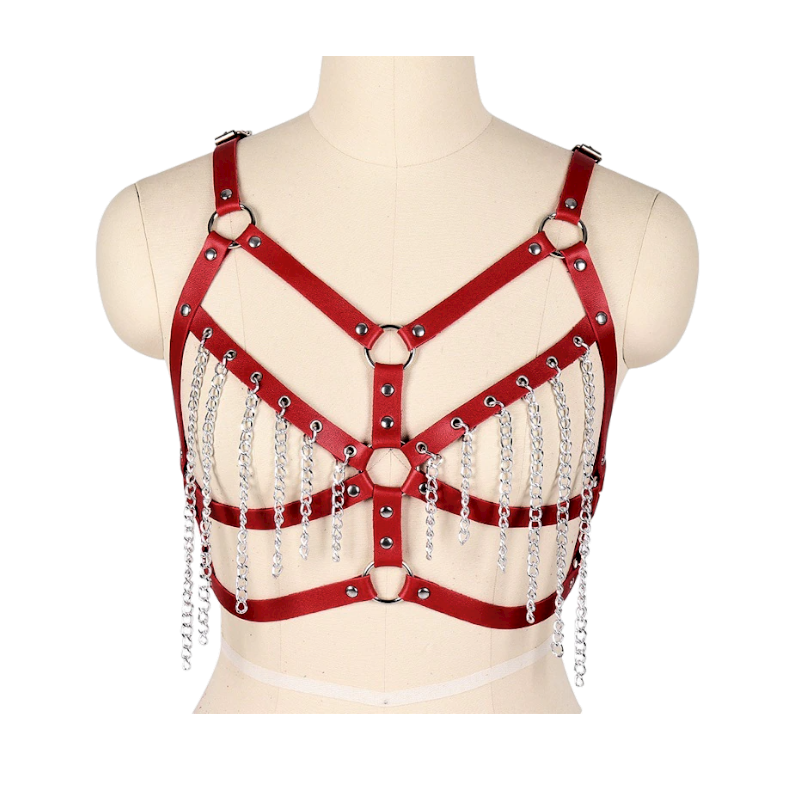 Arnés BDSM Polipiel Sujetador con Cadenas Rojos