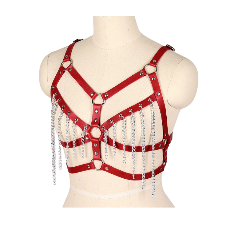 Arnés BDSM Polipiel Sujetador con Cadenas Rojos