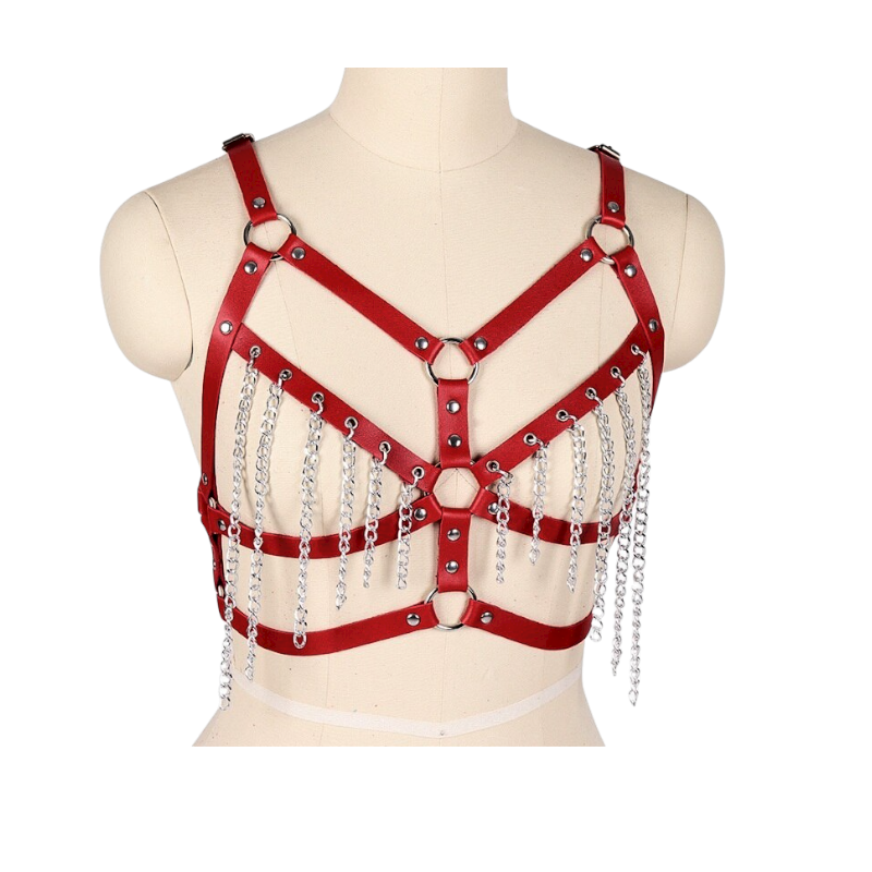 Arnés BDSM Polipiel Sujetador con Cadenas Rojos