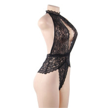 Body Queen Lingerie Negro Bordes Ondulados Cuello Halter Encaje