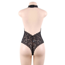 Body Queen Lingerie Negro Bordes Ondulados Cuello Halter Encaje