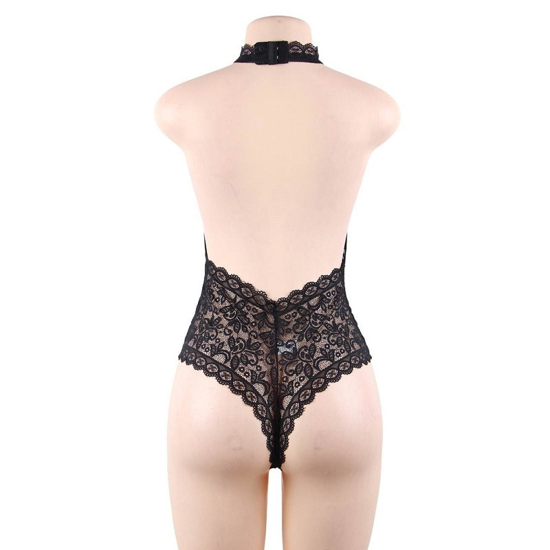 Body Queen Lingerie Negro Bordes Ondulados Cuello Halter Encaje