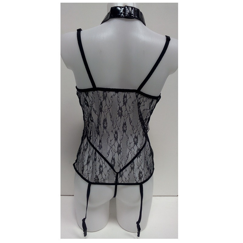 Conjunto Encaje Negro con Liguero y Collar de Cadenas