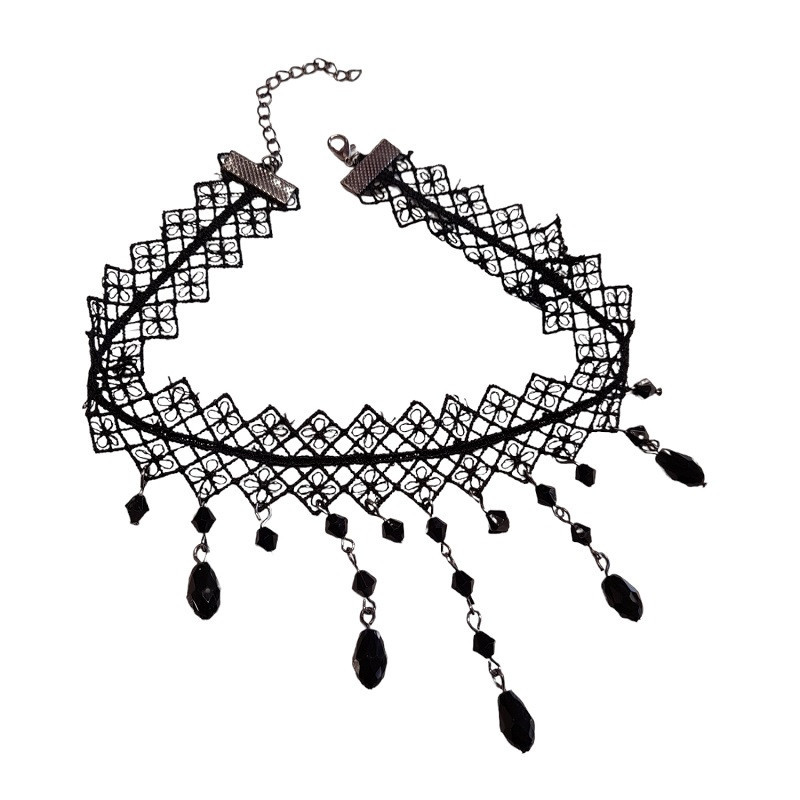 Gargantilla De Encaje Negra Con Abalorios Colgantes