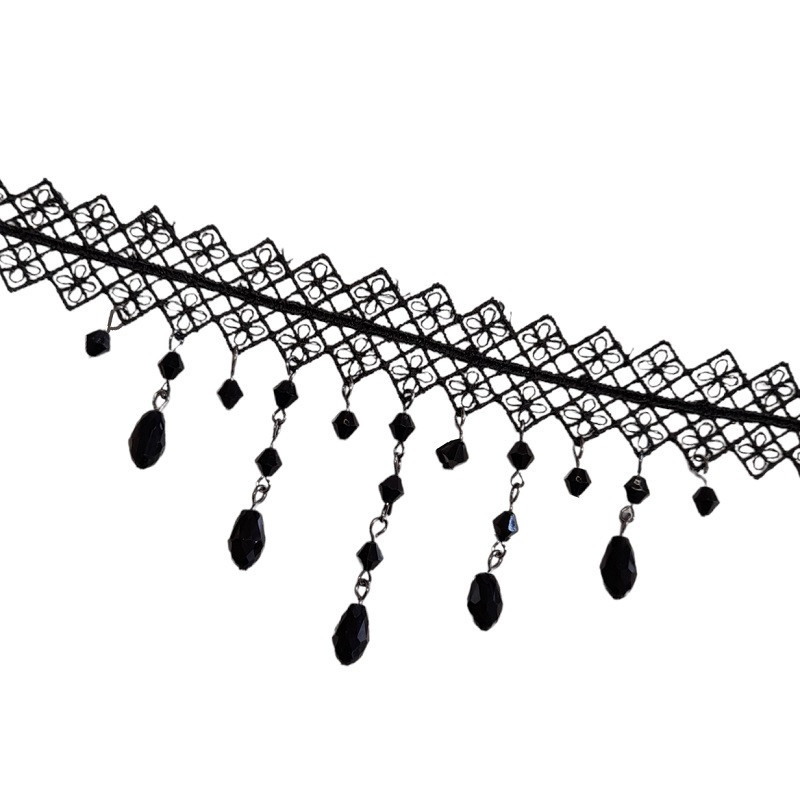 Gargantilla De Encaje Negra Con Abalorios Colgantes