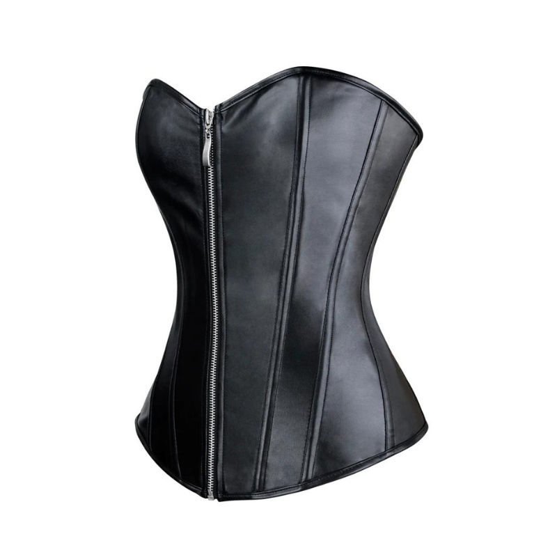 Corset y Tanga Cremallera Wetlook Negro