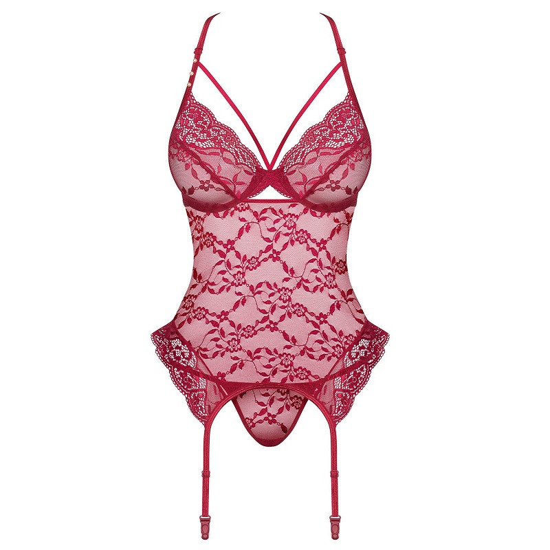 Corset y Tanga De Obsessive Rojo Burdeos Con Liguero  Ivetta