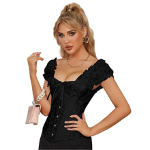 Corset y Tanga Negro Brocado Varillas