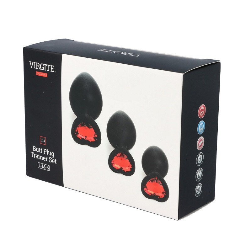 Kit 3 Plugs Anales Silicona Virgite Corazón Strass Rojo