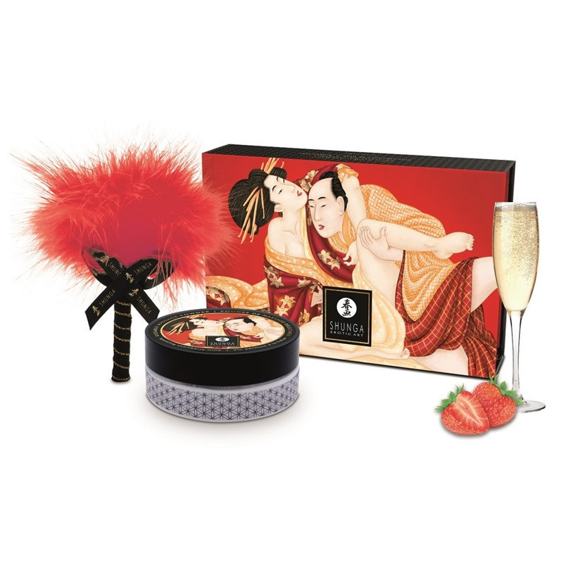 Kit Polvos Besables Masaje + Plumero Fresas con Cava Shunga