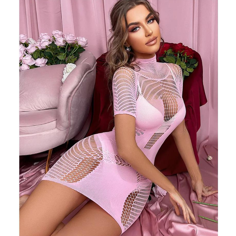 Mini Vestido de Red Elástico Rosa 7602